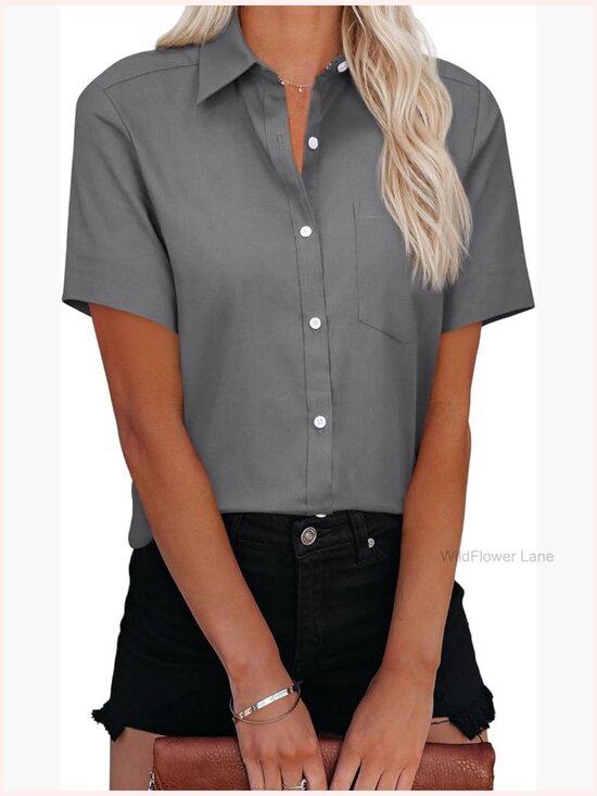 Tops - Short Sleeve Button Down Oxford Shirt Women V Neck Collared Blouse Top Pocket